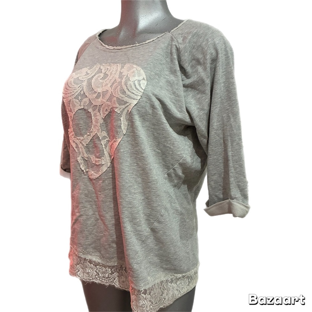 Gray Lace Skull Catrina Sweatshirt Top Goth Dia de Muertos Halloween Grunge Med